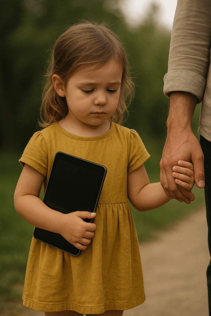 Дете с таблет държи ръката на възрастен