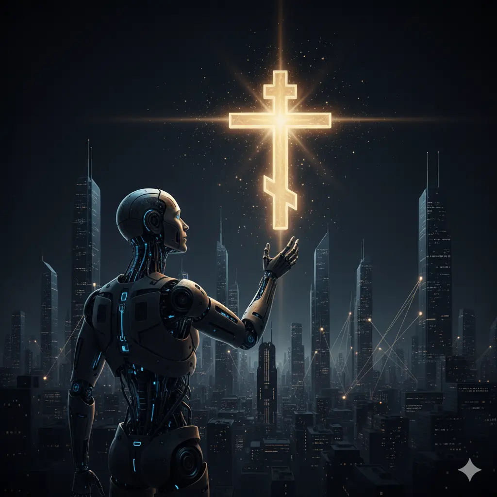 Силният изкуствен интелект символизиран от робот, който протяга ръка към сияещ православен кръст над футуристичен град.