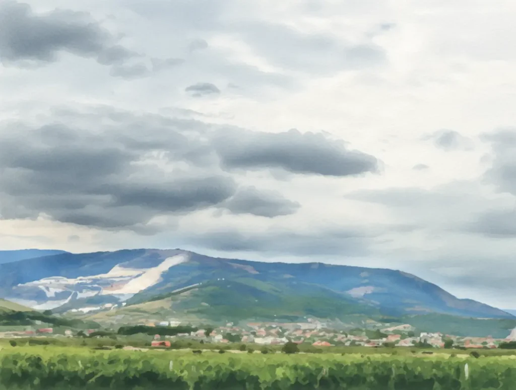 Изглед към подножието на Родопите с кариерите над Белащица – символ на тежестта и крехкостта на човешкото психично здраве в България