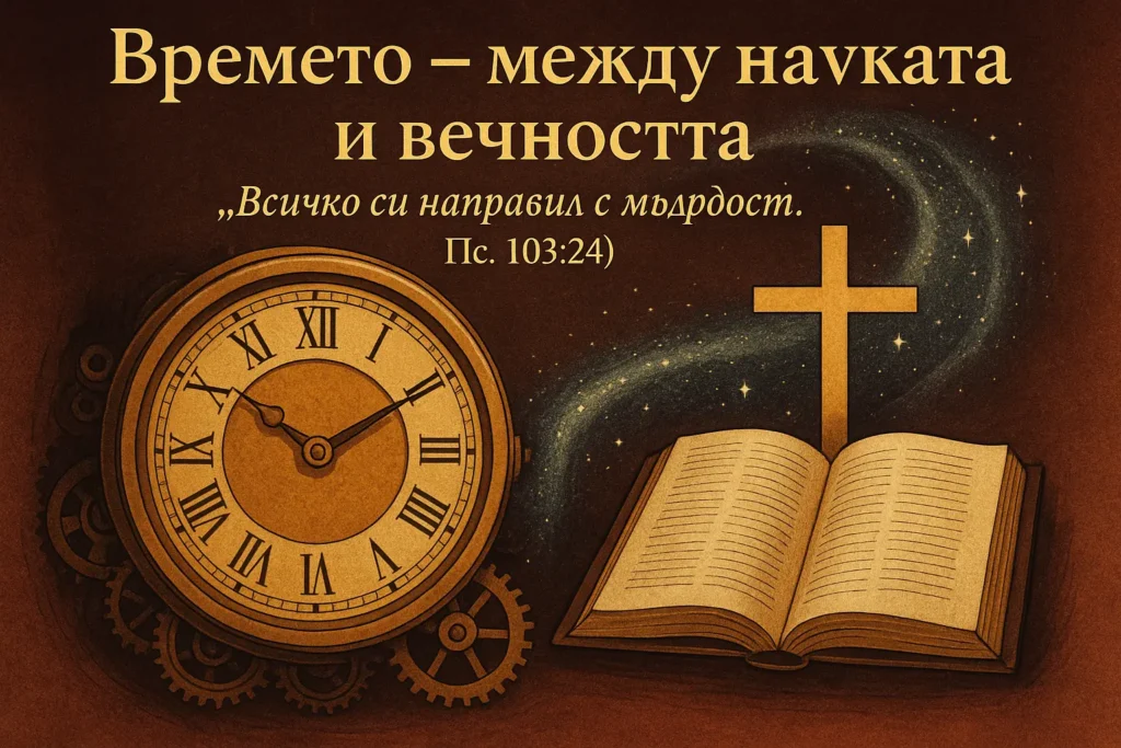 Часовник, отворена книга и кръст върху фон със звезди – символ на връзката между времето, мъдростта и вечността.