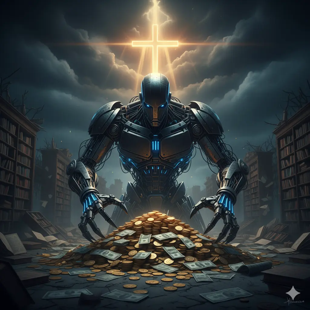 Робот символ на изкуствения интелект, протягащ ръце към купчина златни монети и банкноти, под сиянието на кръст – контраст между алчност и духовна светлина.