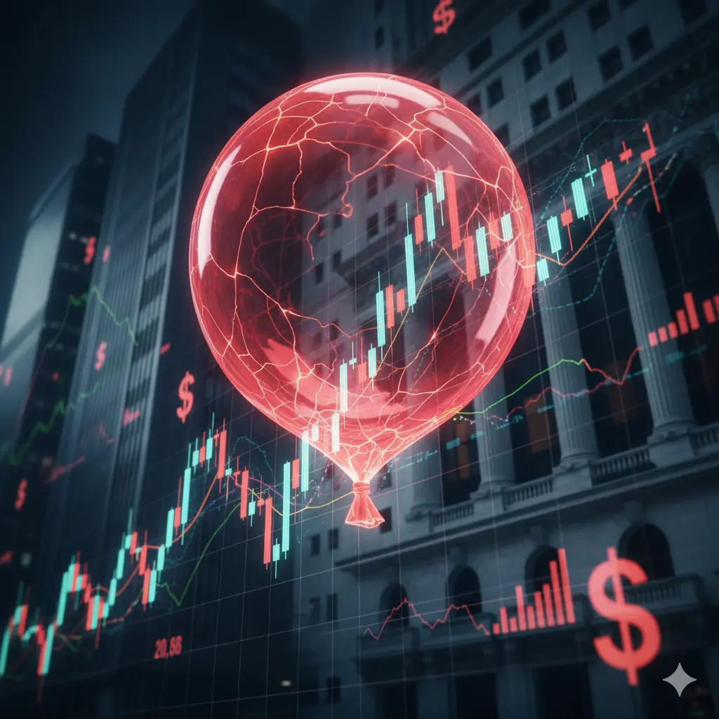 Индикаторът на Бъфет показва финансов балон – червен балон върху борсова графика със свръхнадценени пазари.