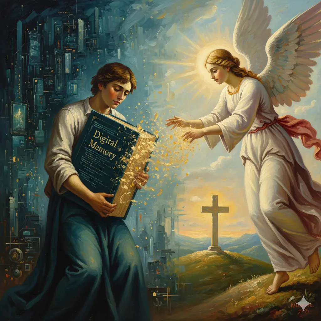 „Ангел и младеж със свещена книга – символ на християнската памет в дигиталната епоха“.