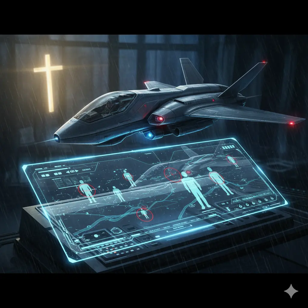 „Изтребител с изкуствен интелект и холограмен контролен панел, в контраст със светещ кръст – символ на моралните въпроси пред бъдещето на войната.“