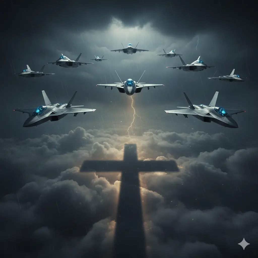 Изтребители с изкуствен интелект в бурно небе; светкавица очертава сянка на кръст.