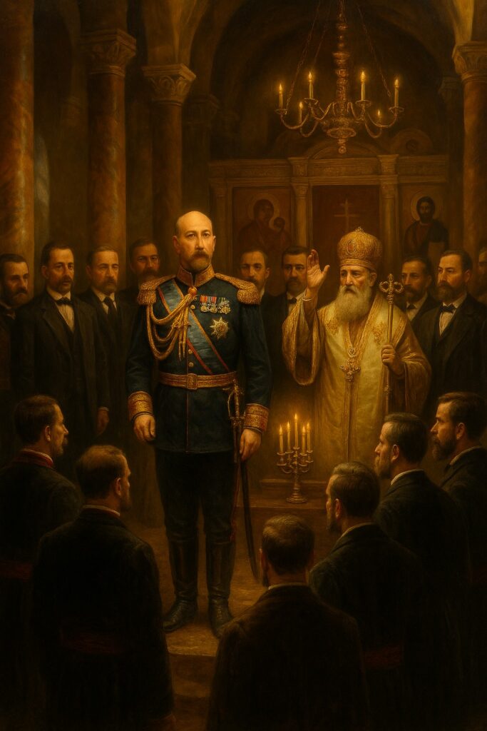 Историческа маслена картина, изобразяваща обявяването на Независимостта на България на 22 септември 1908 г. във Велико Търново – български владетел в тържествена униформа е благословен от православен епископ в църквата Св. 40 мъченици, обграден от министри и народ.