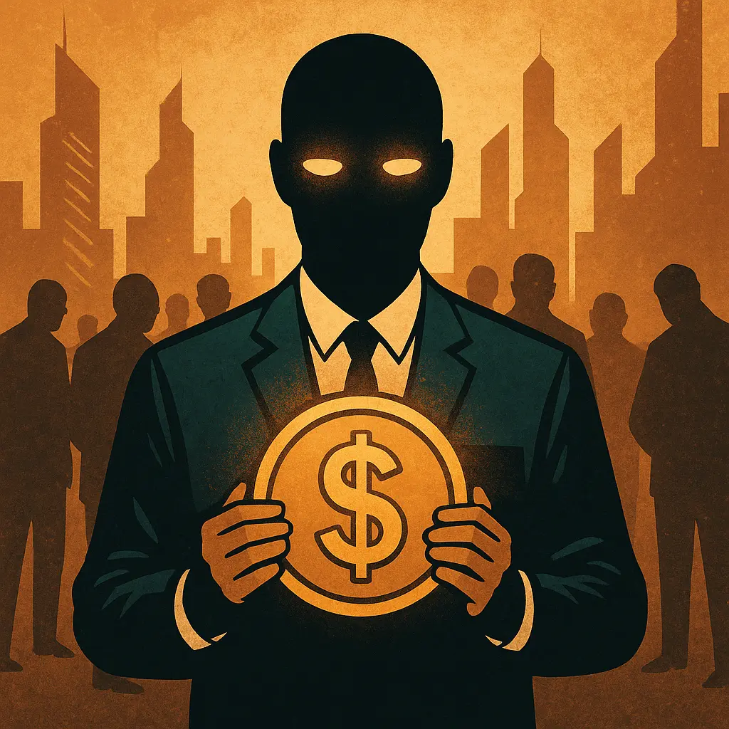 Силует на човек в костюм с празно лице, държащ символ на парите, като образ на алчността в съвременното общество.
