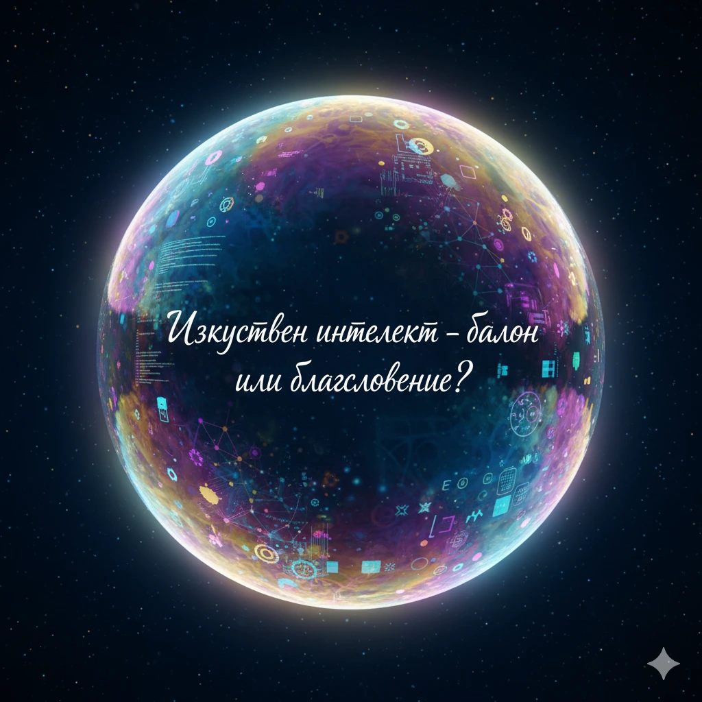 Изкуствен интелект – балон или благословение, символична илюстрация на дигитален свят в крехка сфера