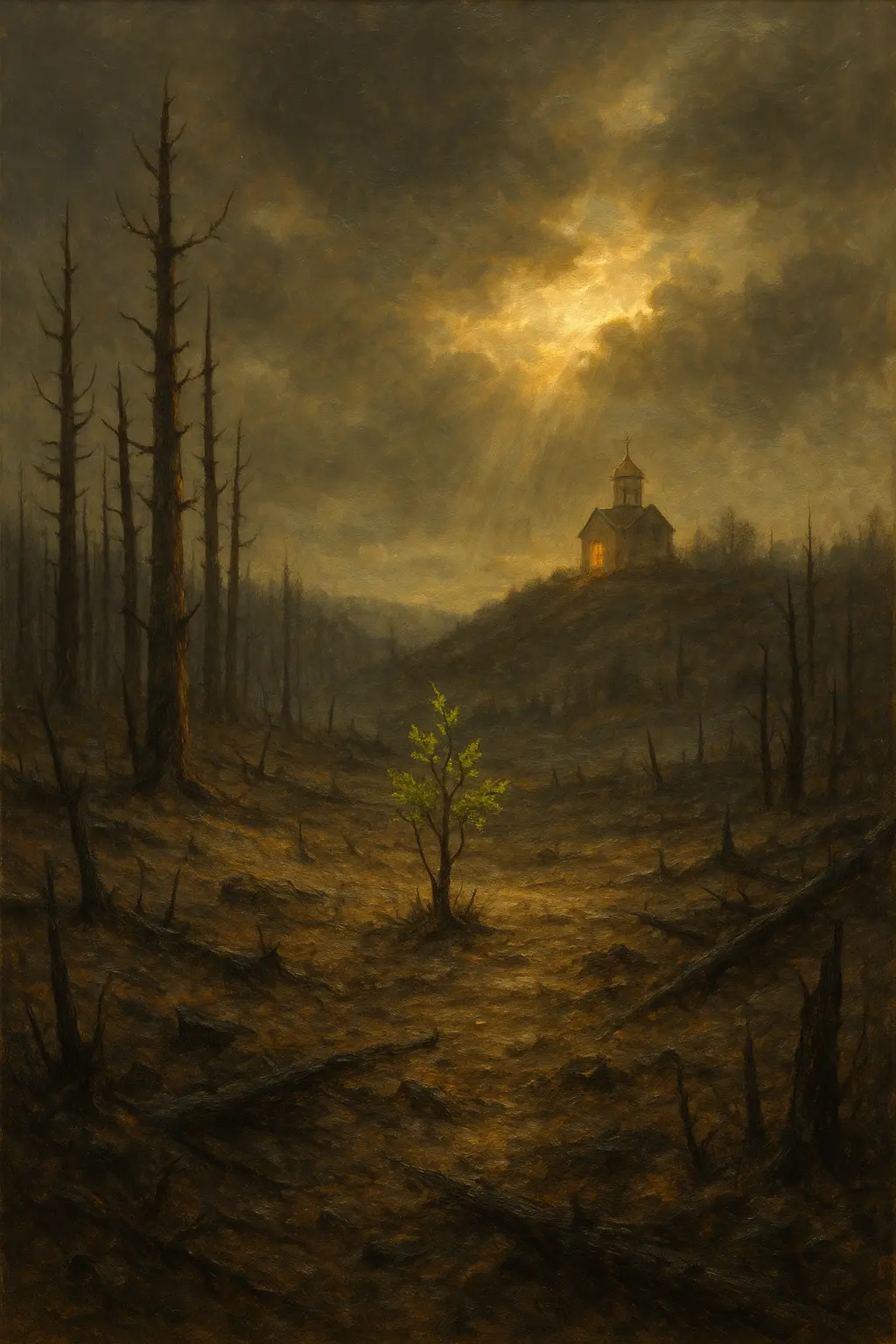 Реалистична живопис на пейзаж след пожар и буря, с храм в светлина – символ на покаяние и надежда