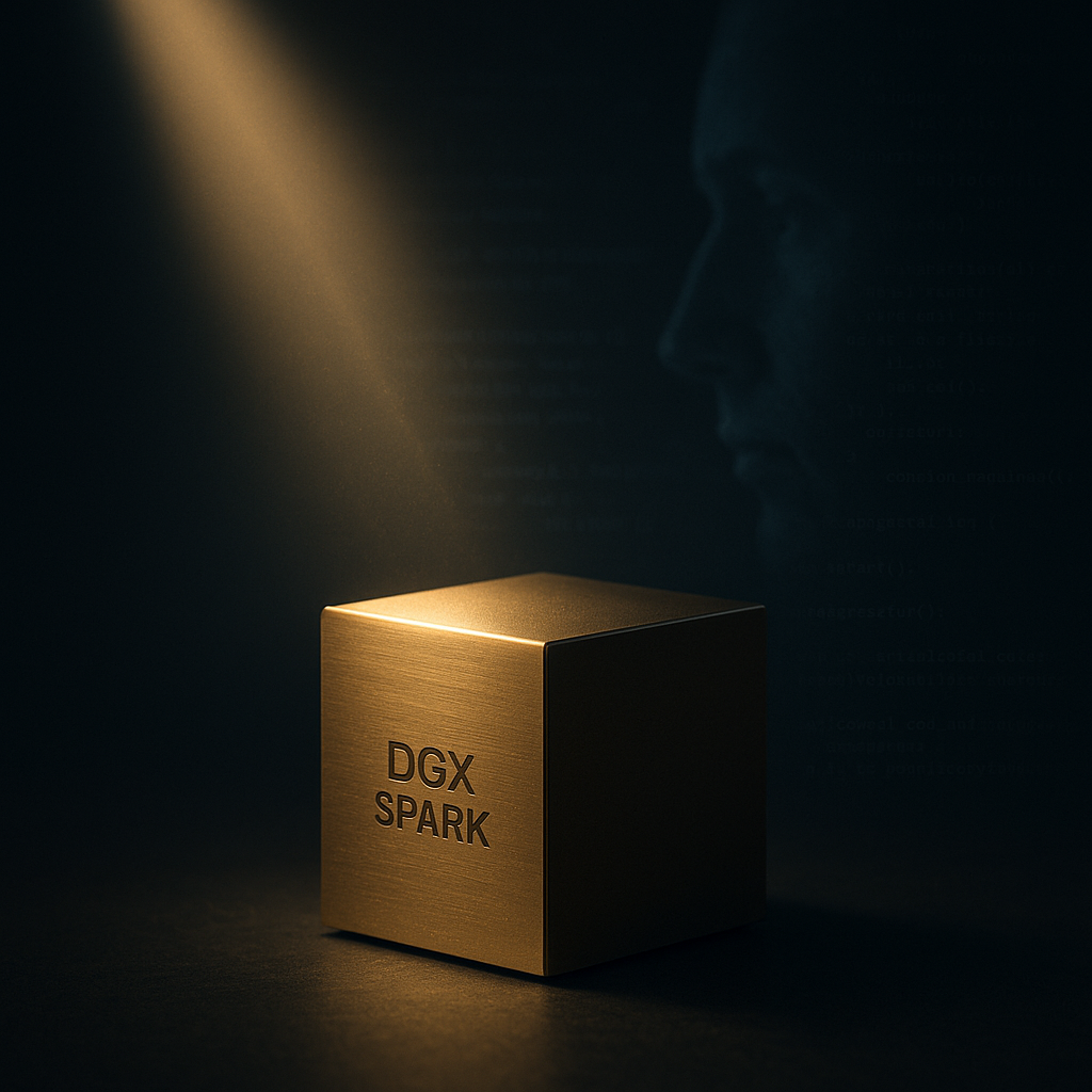 Златист настолен суперкомпютър DGX Spark, осветен от лъч светлина – символ на човешкия разум и искрата на съвестта.