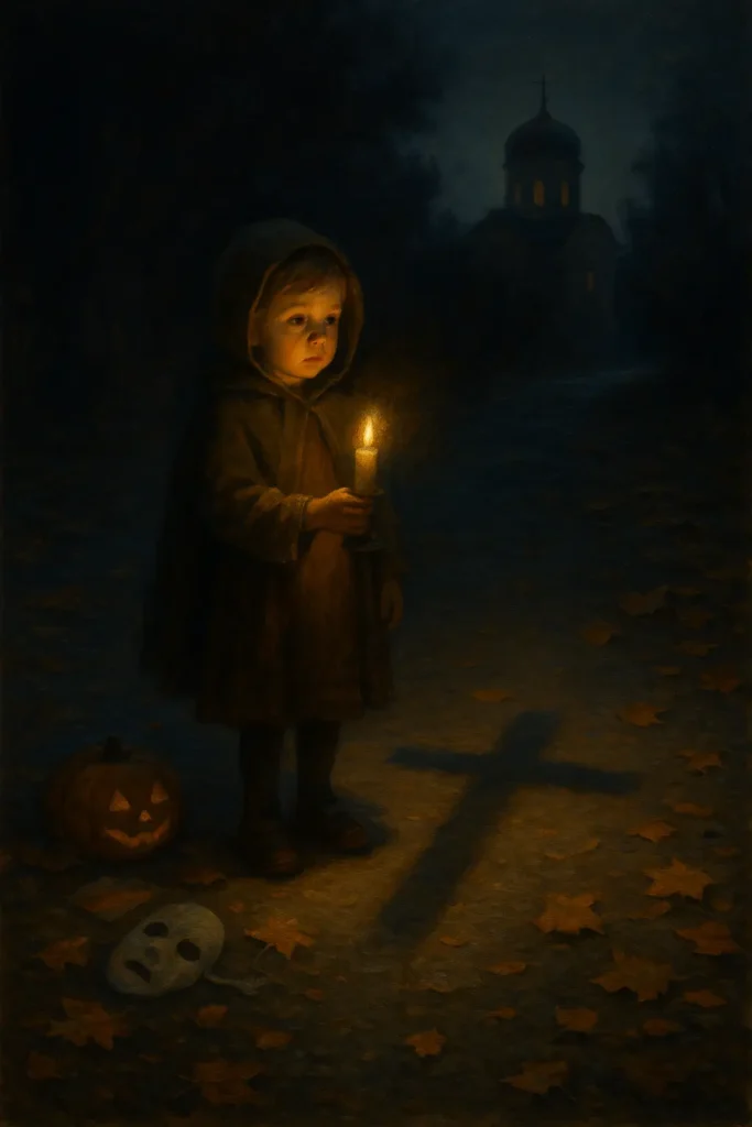 Дете държи запалена свещ в тъмна есенна вечер, а светлината оформя кръст в сенките. На земята лежи тиквена маска, а в далечината се вижда осветен православен храм.