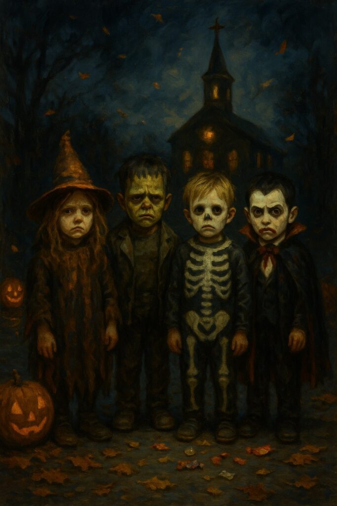 Грозната страна на Хелоуин – малки деца в ужасяващи костюми на тъмна улица, с тъжни лица и уплашени очи; в далечината свети църква, символ на истинската светлина.