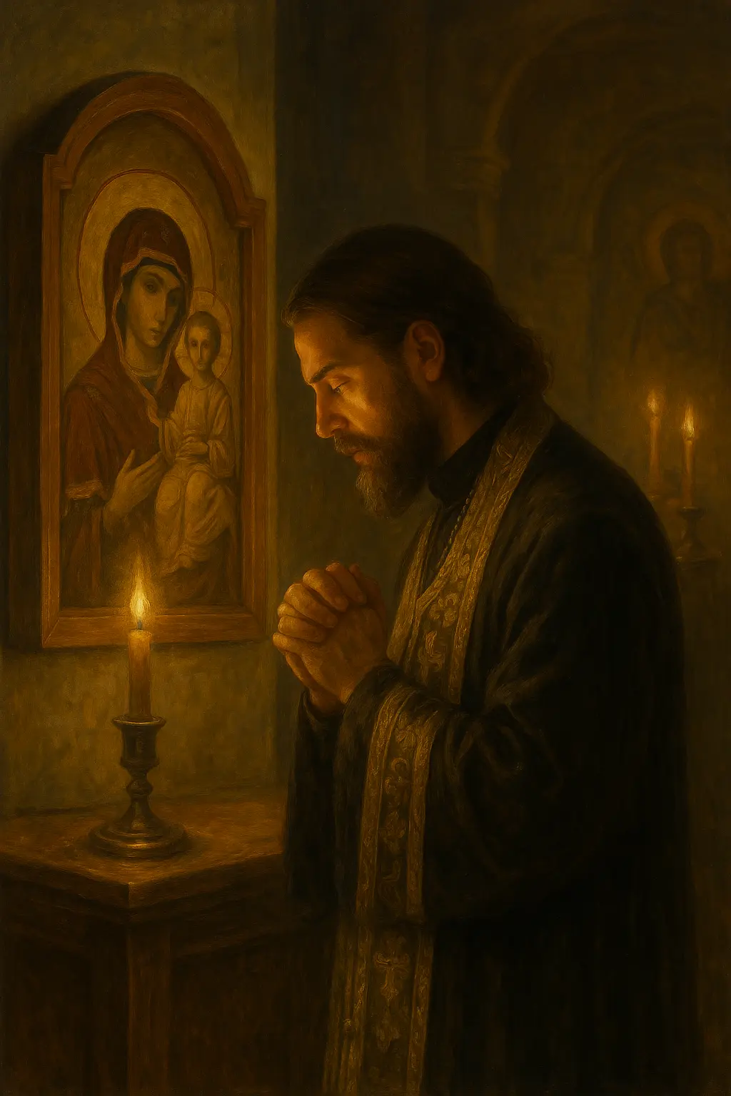 Свещеник в тиха молитва пред икона на Света Богородица и Младенеца, осветен от пламъка на свещ – символ на духовен размисъл и живата вяра в епохата на технологиите.
