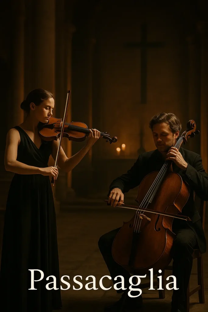 Passacaglia. Цигулка и виолончело в храмов полумрак. Две епохи разговарят чрез музика.