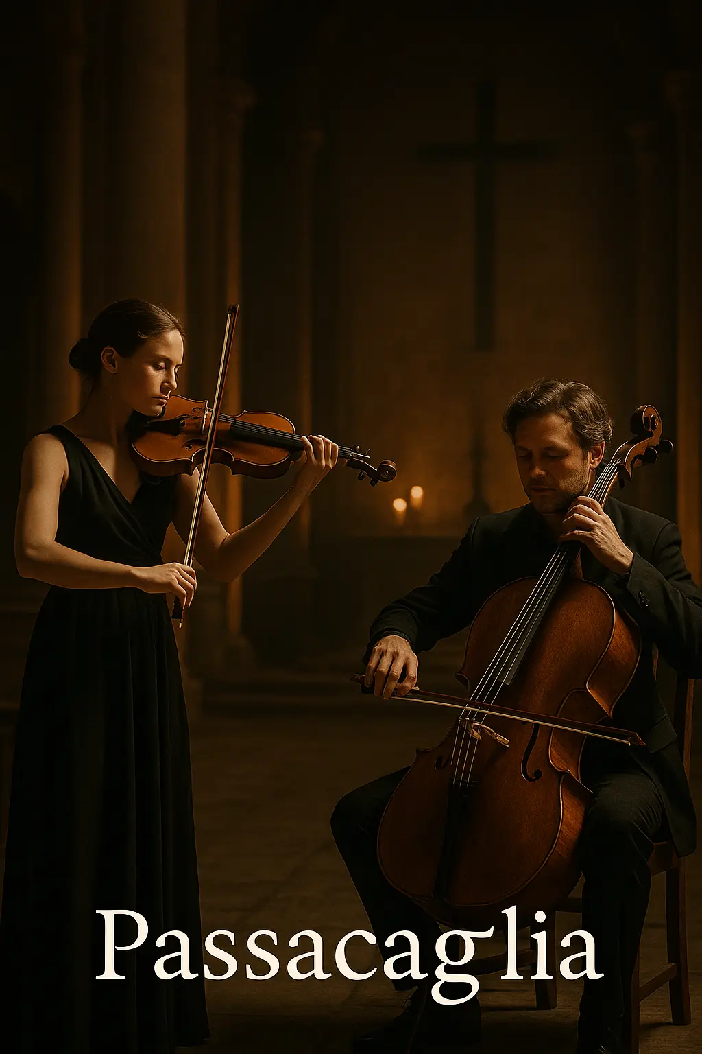 Passacaglia. Цигулка и виолончело в меко топло осветление. Тих храмов полумрак. Две епохи разговарят чрез музика.