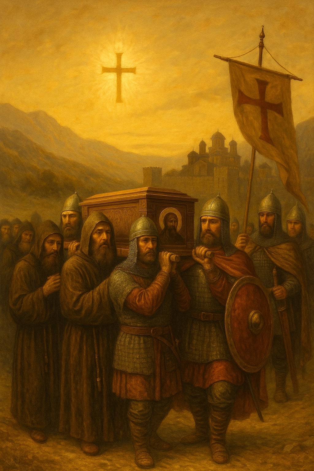 Пренасянето на мощите на св. Иларион Мъгленски от Мъглен към Търново – историческа сцена в златисти тонове