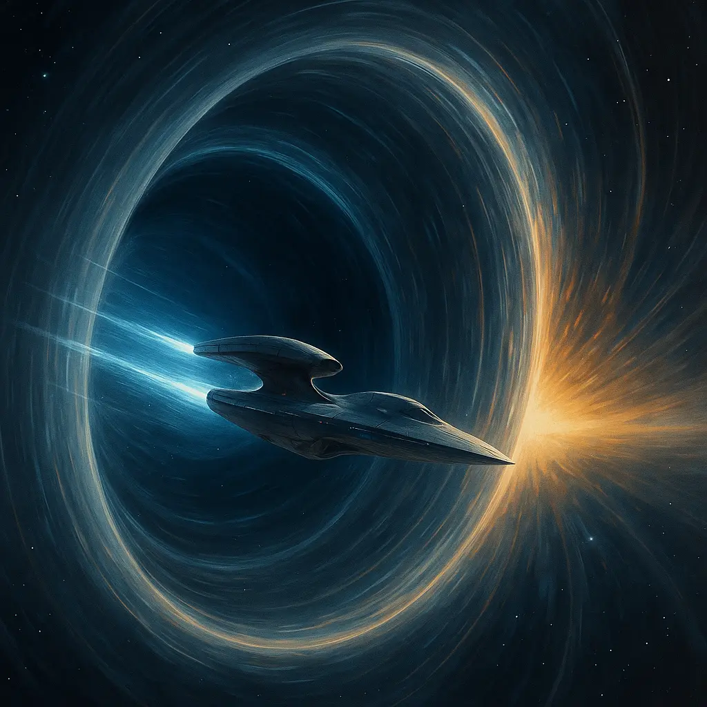 Стилизиран научно-реалистичен космически кораб, който изкривява пространството около себе си – визуален образ на warp задвижване.