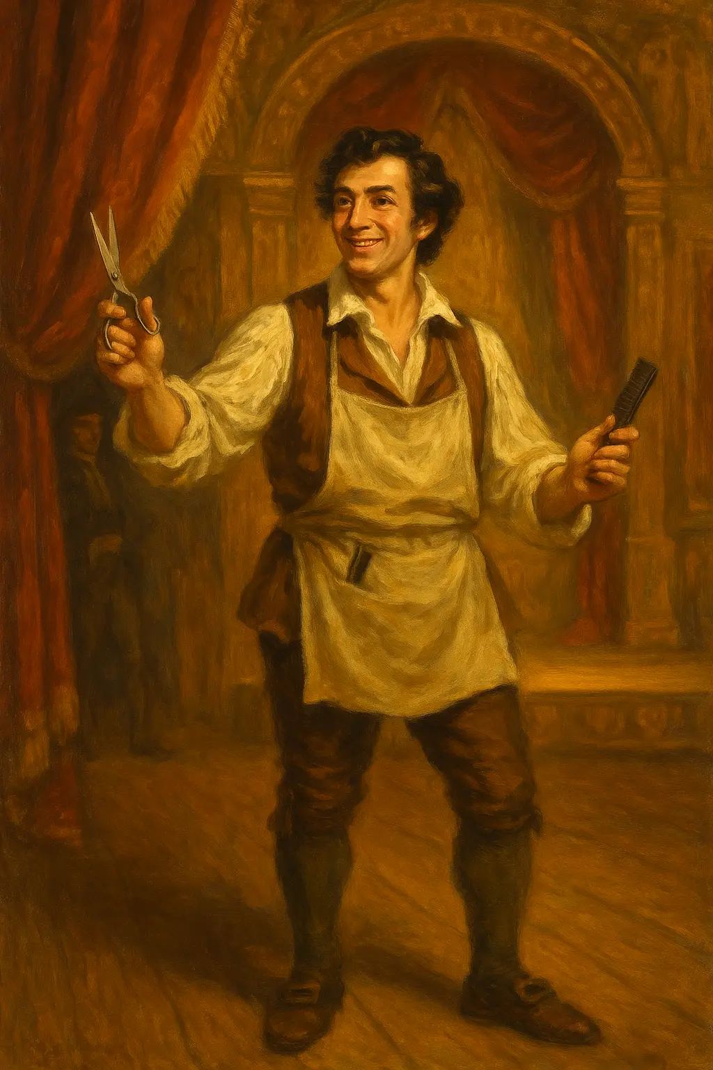 Фигаро на сцената – маслена живопис на младия бръснар от „Севилският бръснар“, държащ ножици и гребен, под топлите светлини на театъра.