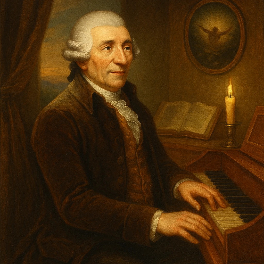 Йозеф Хайдн пред клавесин, осветен от свещ, в атмосфера на мир и благодарност.