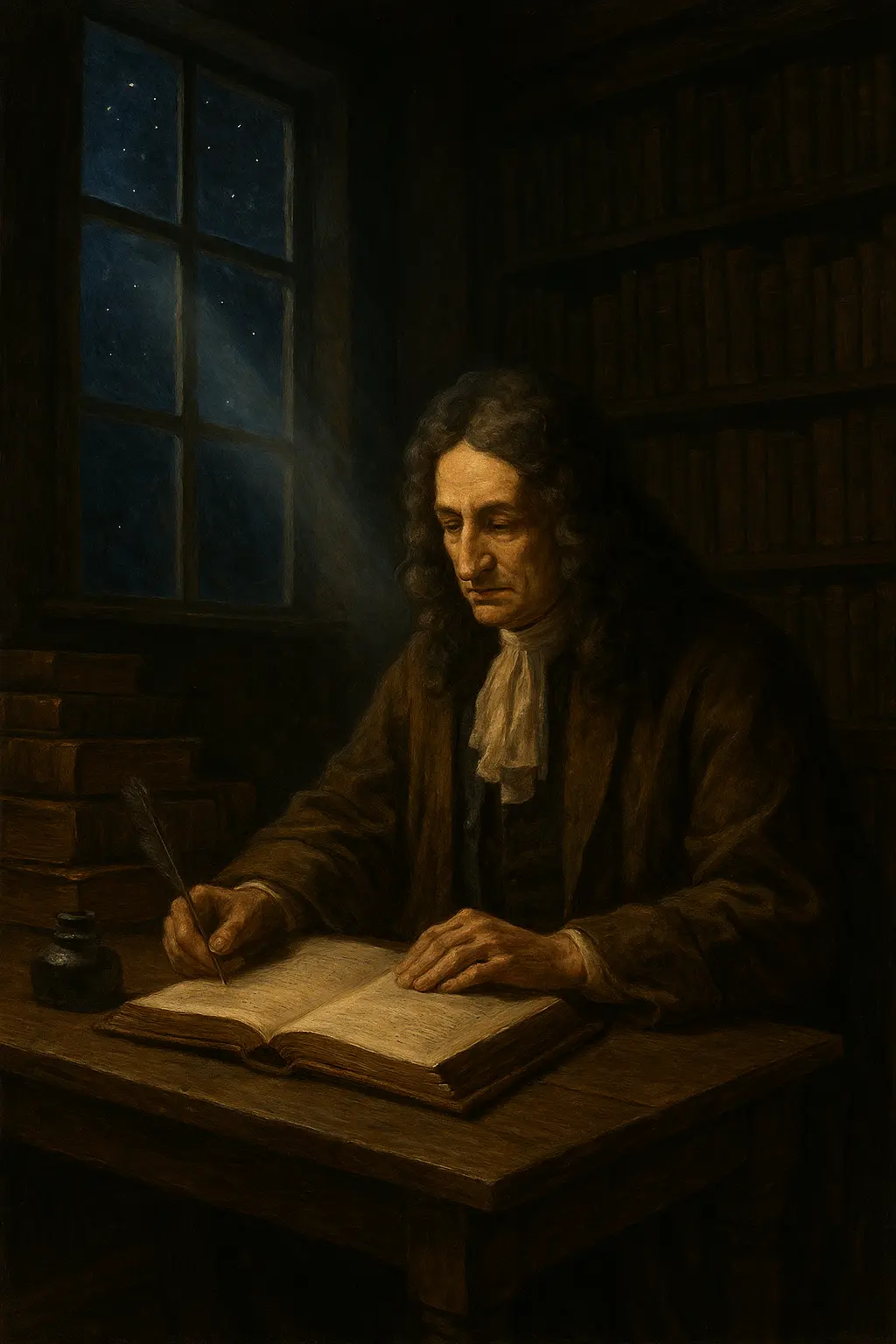 Лайбниц и редът на духа Маслена живопис, символично изобразяваща Готфрид Вилхелм Лайбниц в тиха библиотека, осветен от светлина – алегория на разума, който търси Бога в реда на творението.