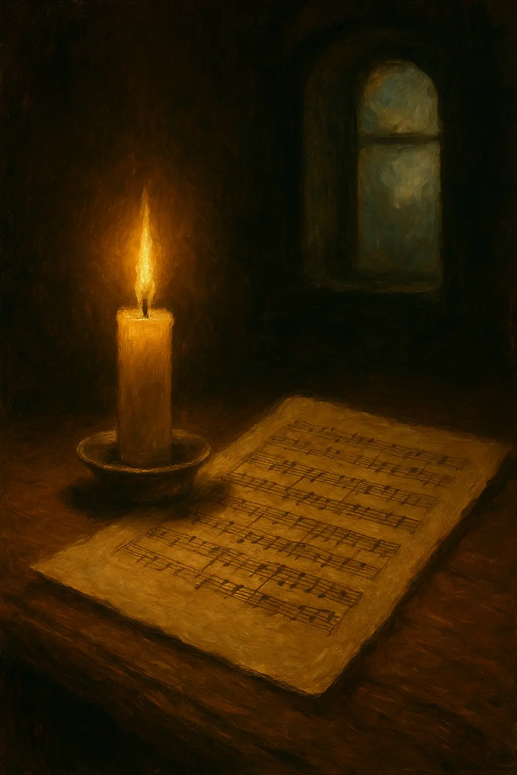 Свещ върху стар нотен лист. Символ на музиката на Пахелбел, родена от болка и възкръснала в светлина.