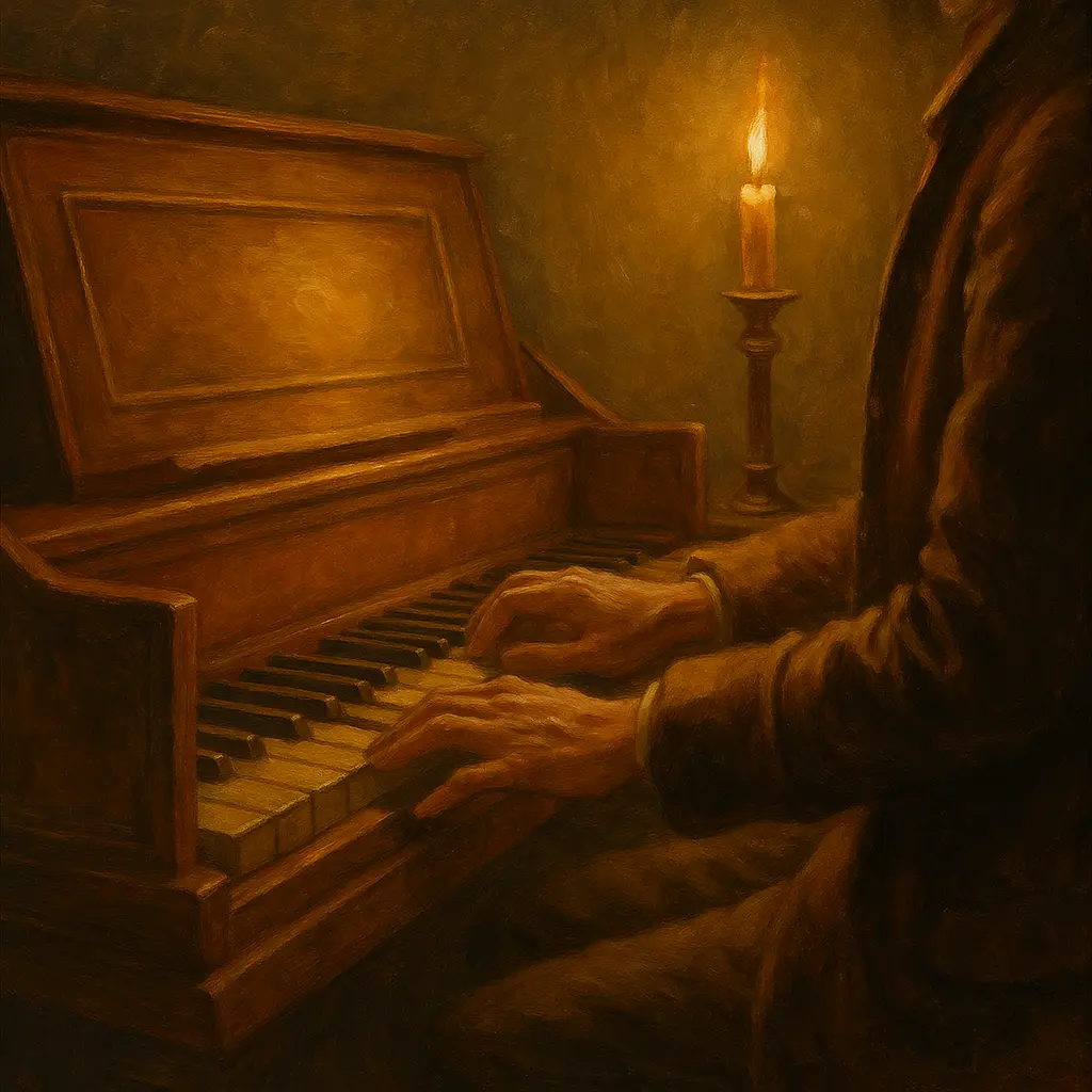 Пиетро Доменико Парадизи свири на чембало при светлината на свещ в тиха стая от XVIII век. Топли златисти тонове, бароков интериор и атмосфера на молитва чрез музика.