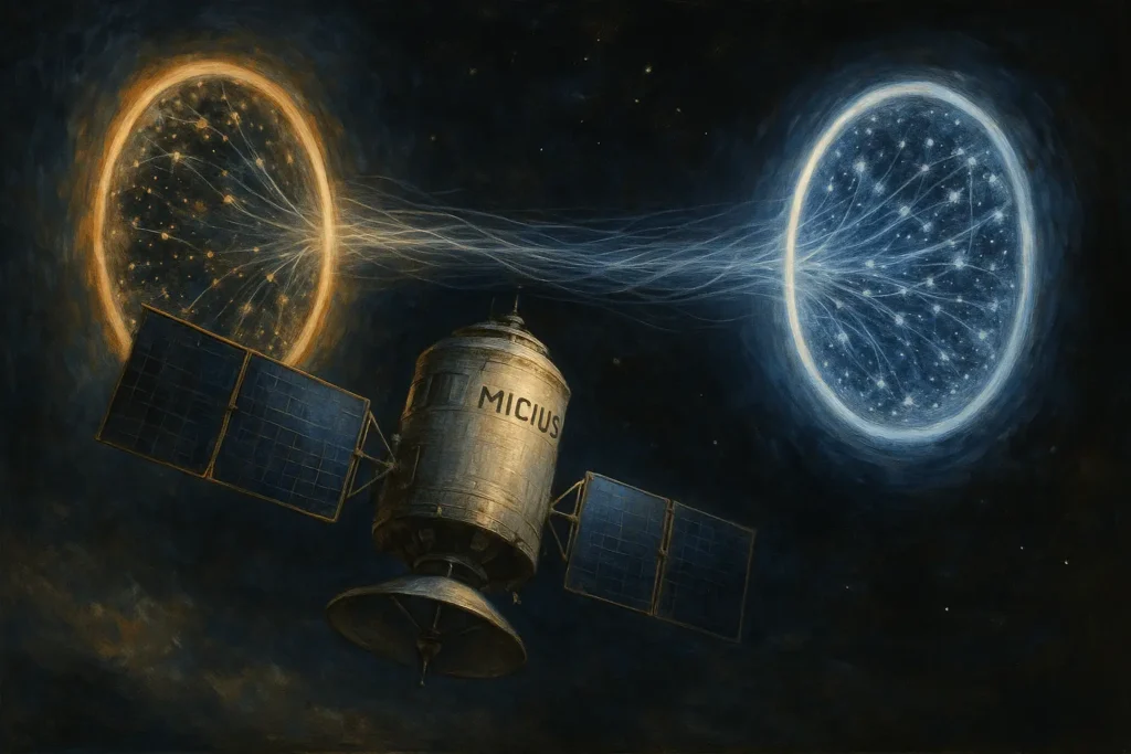 „Квантовият спътник Micius между два портала от заплетени фотони – художествено изображение на квантовата комуникация в космоса.“