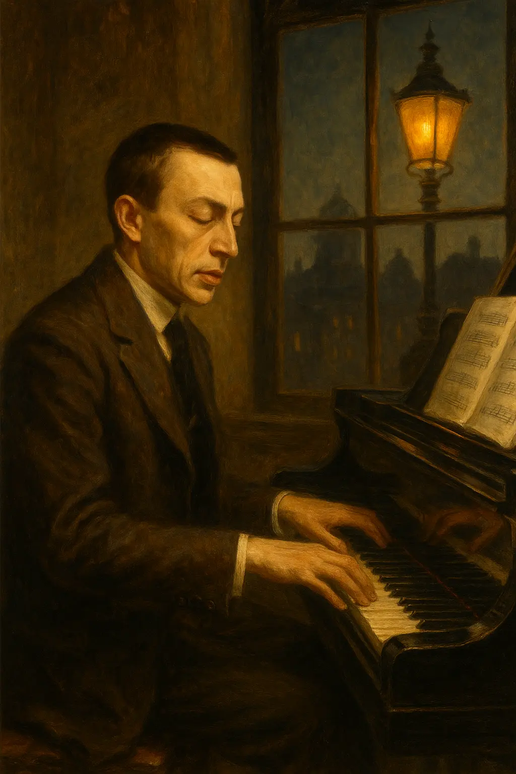 Младият Сергей Рахманинов, седнал на пиано в тиха вечерна светлина, погълнат в създаването на Прелюда в до-диез минор.
