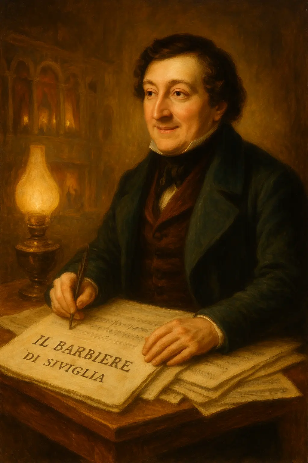 Джоакино Росини, седнал на бюро под светлината на лампа, пише партитурата на „Севилският бръснар“. Романтична маслена живопис.