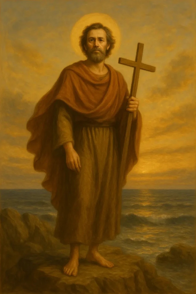 Свeти Андрей Първозвани върху скалист бряг, държащ кръст в ръка