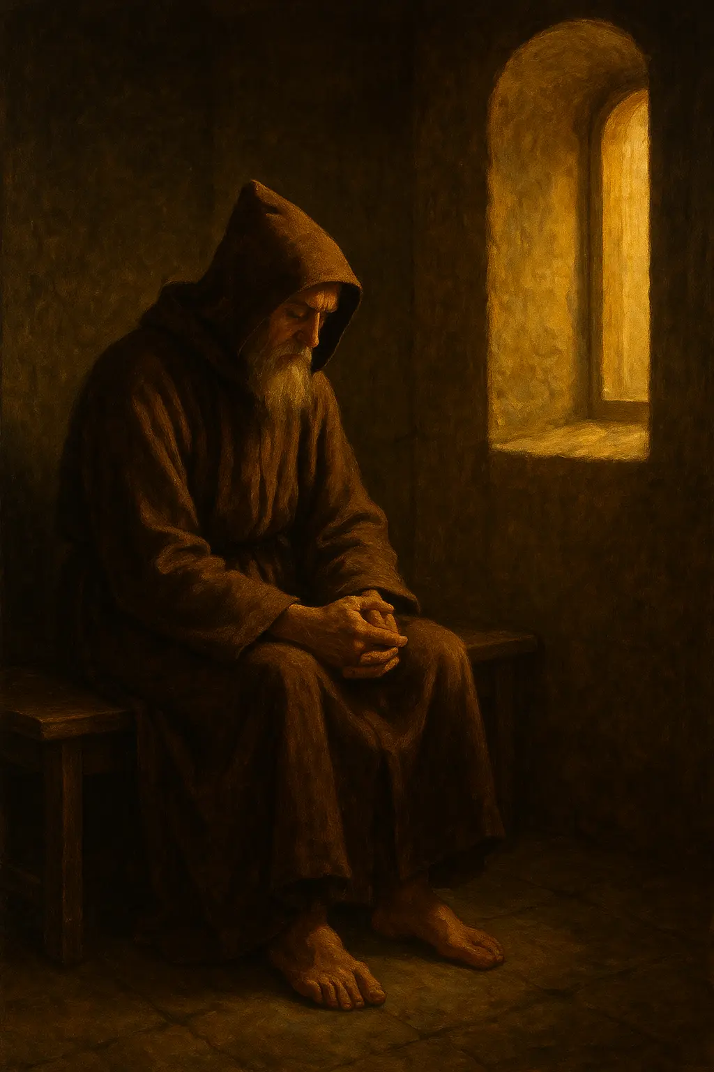 Монах в тиха килия, осветена от нежна златна светлина – образ на тишината, която буди човека и води към вътрешен мир.