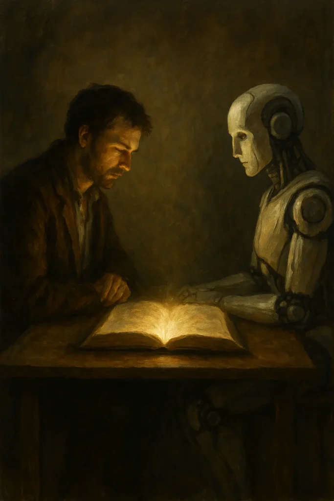 Човек и изкуствен интелект седят един срещу друг на маса с отворена светеща книга между тях. Реалистична маслена живопис, излъчваща тишина и размисъл върху различните начини на мислене.