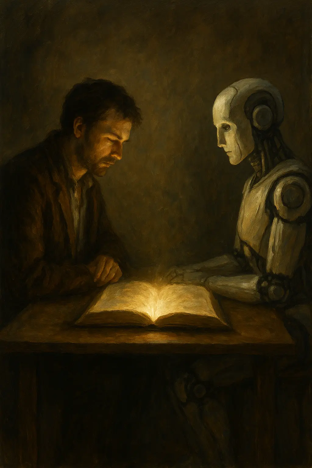 Човек и изкуствен интелект седят един срещу друг на маса с отворена светеща книга между тях. Реалистична маслена живопис, излъчваща тишина и размисъл върху различните начини на мислене.