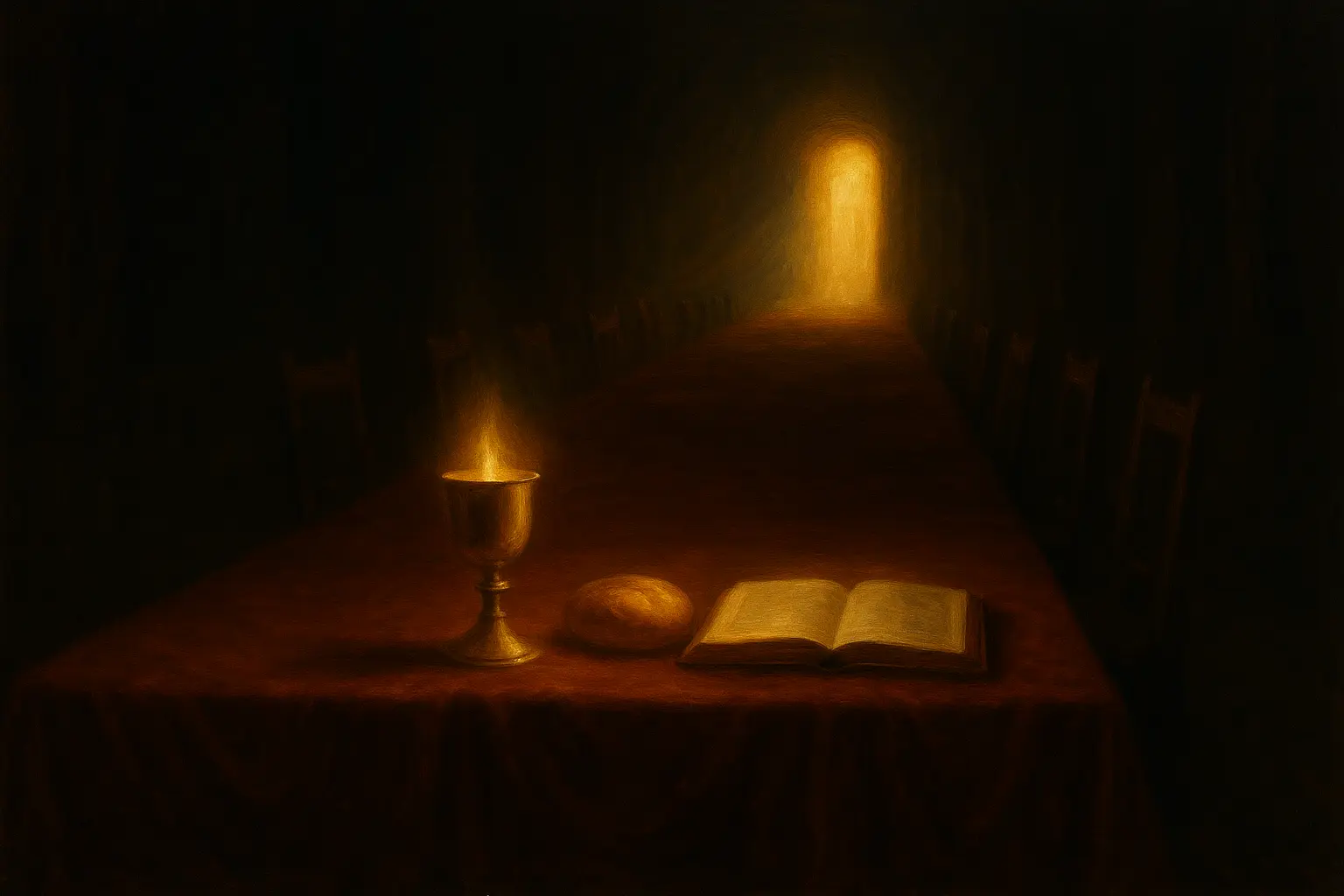 Царска трапеза с златна чаша, хляб и отворено Евангелие, озарени от светлина – символ на небесната покана към всички хора.