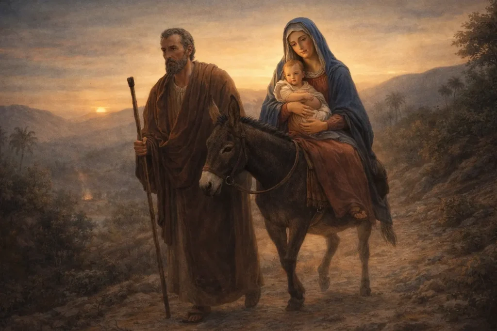 Бягството на Светото семейство в Египет – свети Йосиф води Богородица и Богомладенеца по пътя на послушанието
