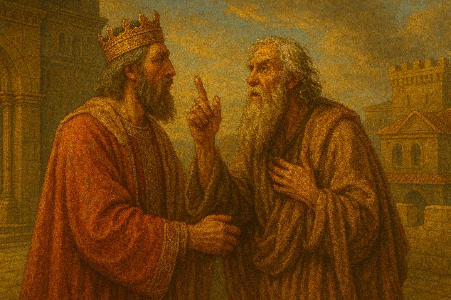 Пророк Исая говори на цар Иезекия, а през прозорец се вижда асирийският лагер под стените на Иерусалим