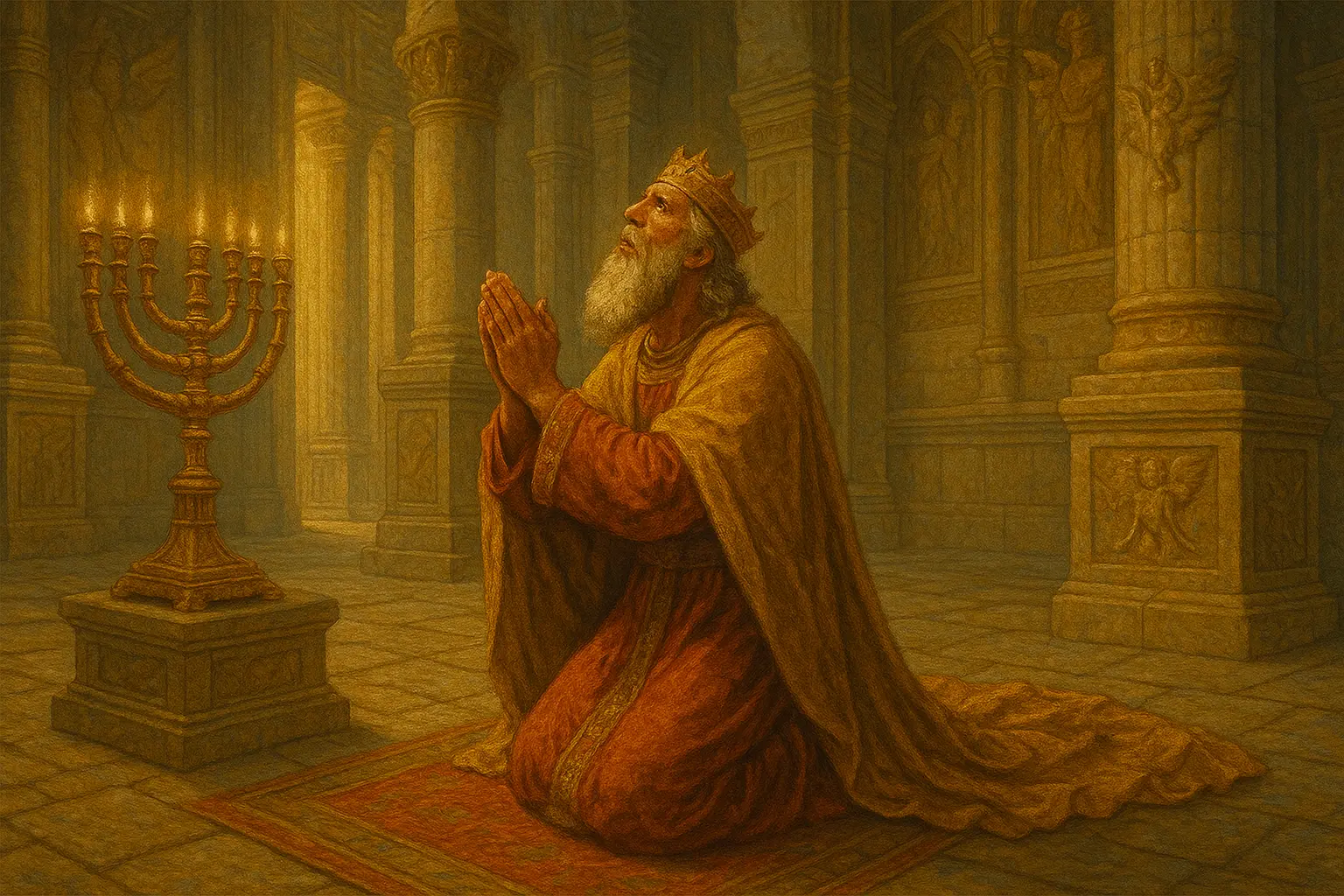 Цар Иезекия коленичи в Соломоновия храм и разстила писмото на Сенахирим пред Бога