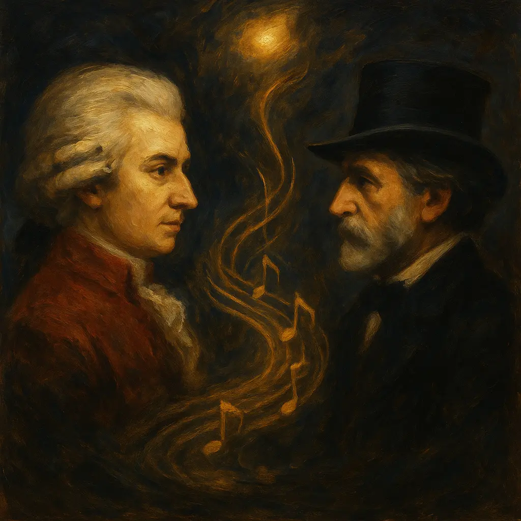 Художествено изображение, символично представящо Моцарт и Верди чрез маслена живопис.