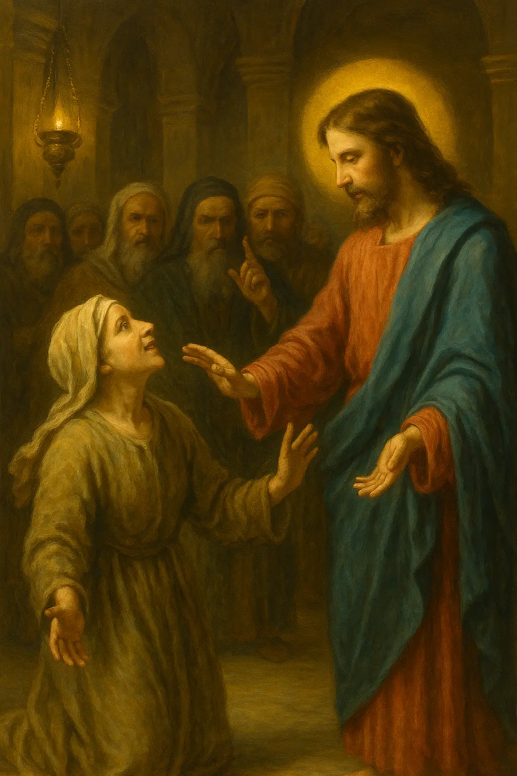 Изцелението на прегърбената жена – маслена духовна живопис