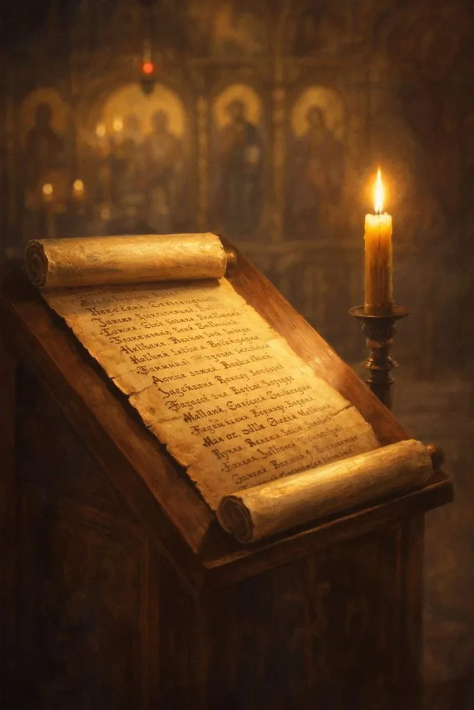 Неделя пред Рождество Христово. Родословието на Спасителя върху старинен свитък и запалена свещ в тиха храмова атмосфера.