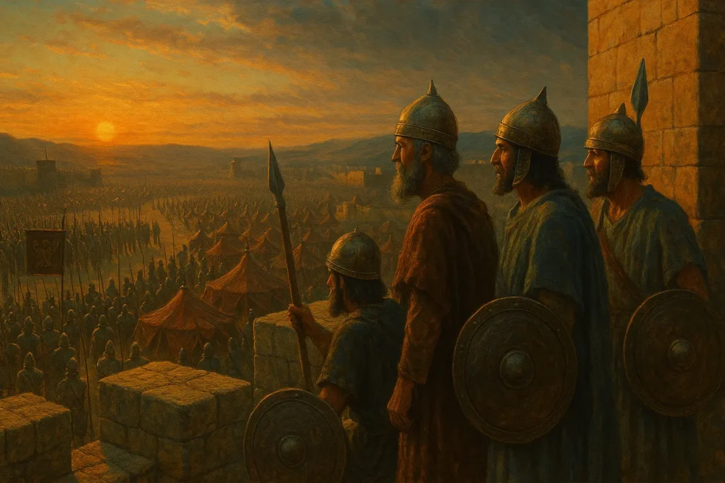 Обсадата на Иерусалим през 701 пр. Хр. – юдейски стражи гледат към огромния асирийски лагер под стените на града.