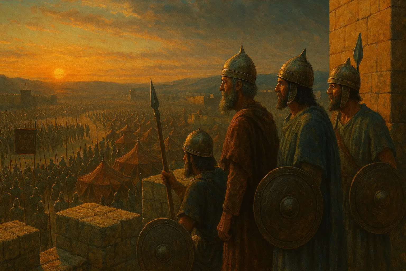 Асирийската армия обсажда Иерусалим през 701 пр. Хр., гледка от стените към огромния лагер