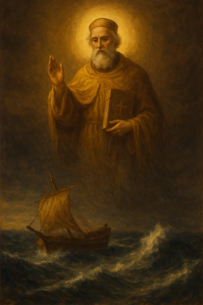 Свети Николай Мирликийски укротява бурята. Маслена живопис в топли тонове. Кораб сред развълнувано море и благият образ на светителя над водите.