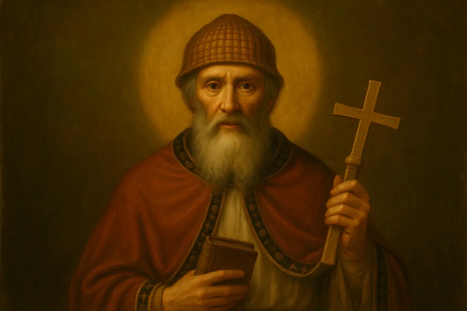 Свети Спиридон като епископ, със своята традиционна овчарска шапка и благ кротък поглед.