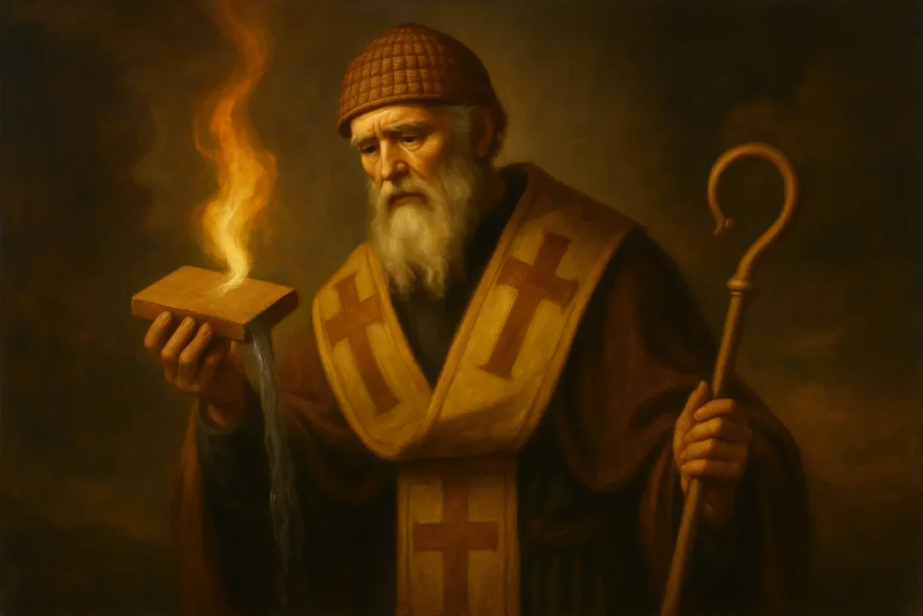 Свети Спиридон Тримитунтски държи изпечената плочка и явява чудото пред съборните отци.