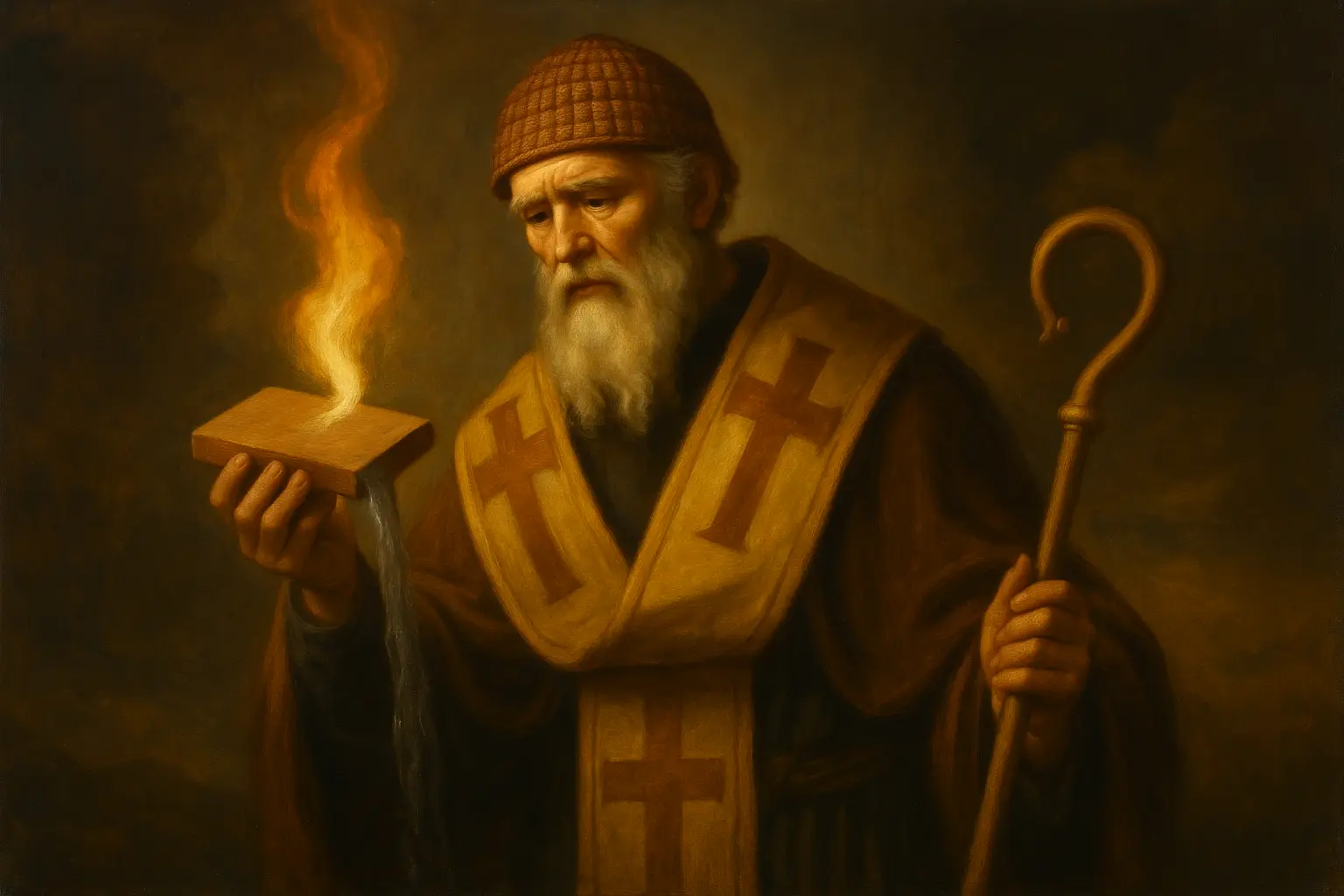 Свети Спиридон Тримитунтски държи изпечената плочка и явява чудото пред съборните отци.