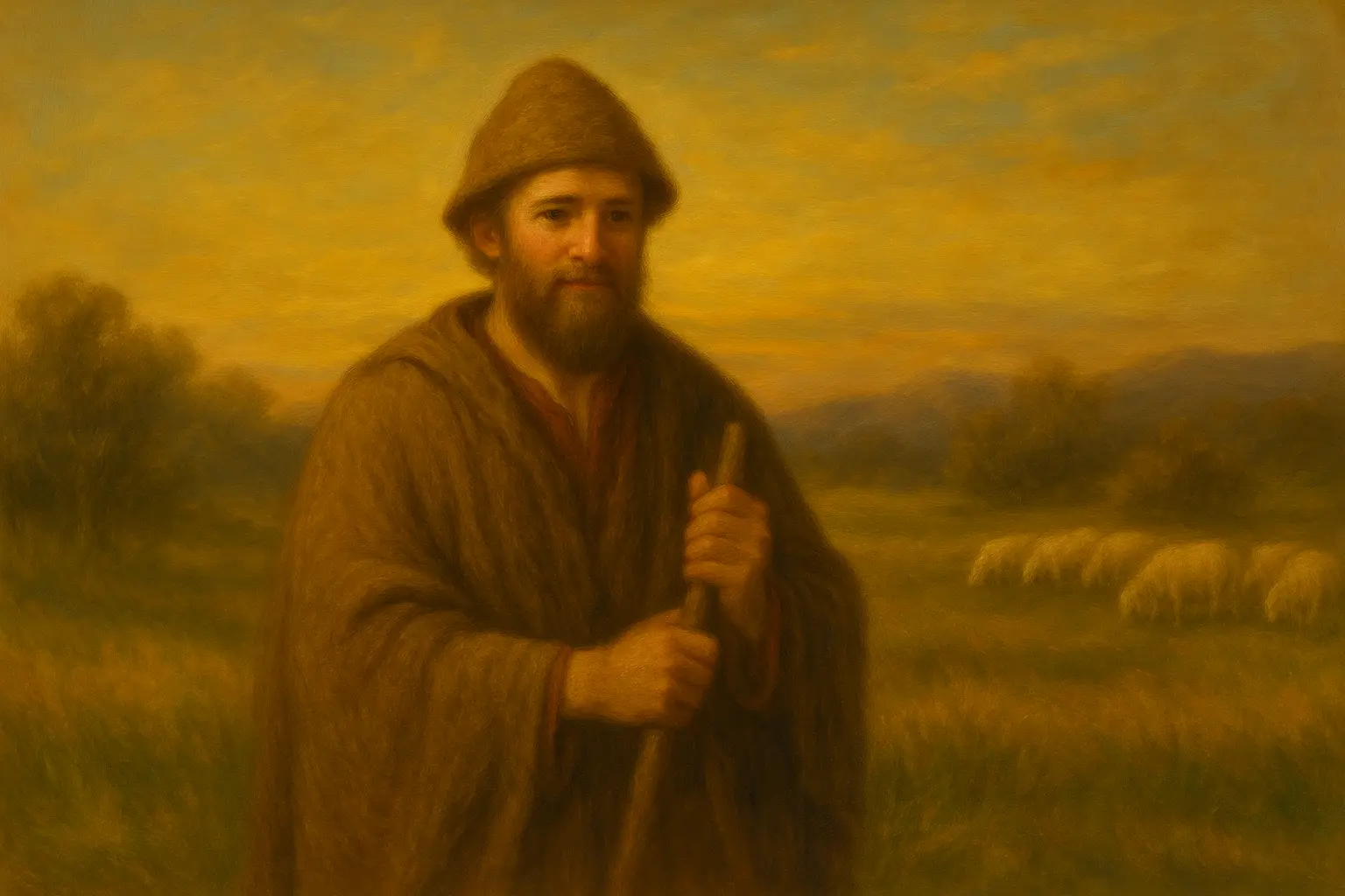 Младият Спиридон като овчар, в пастирска среда, смирен и близо до хората.