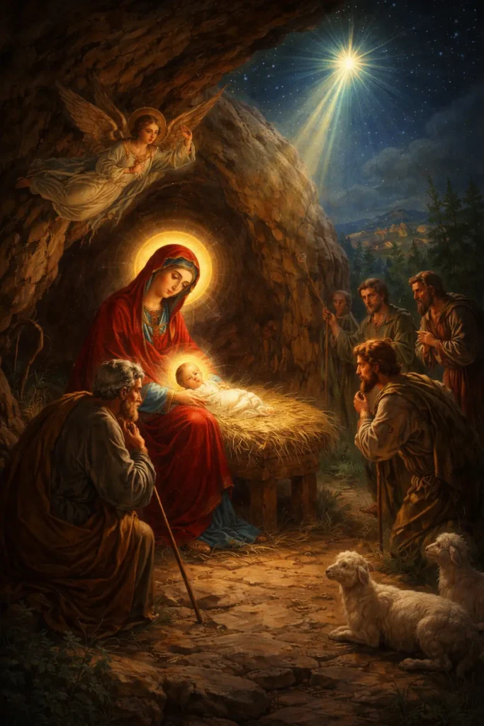 Събор на Пресвета Богородица – Божията Майка с Младенеца Христос в пещерата, със свети Йосиф Обручник и пастирите, осветени от Витлеемската звезда.