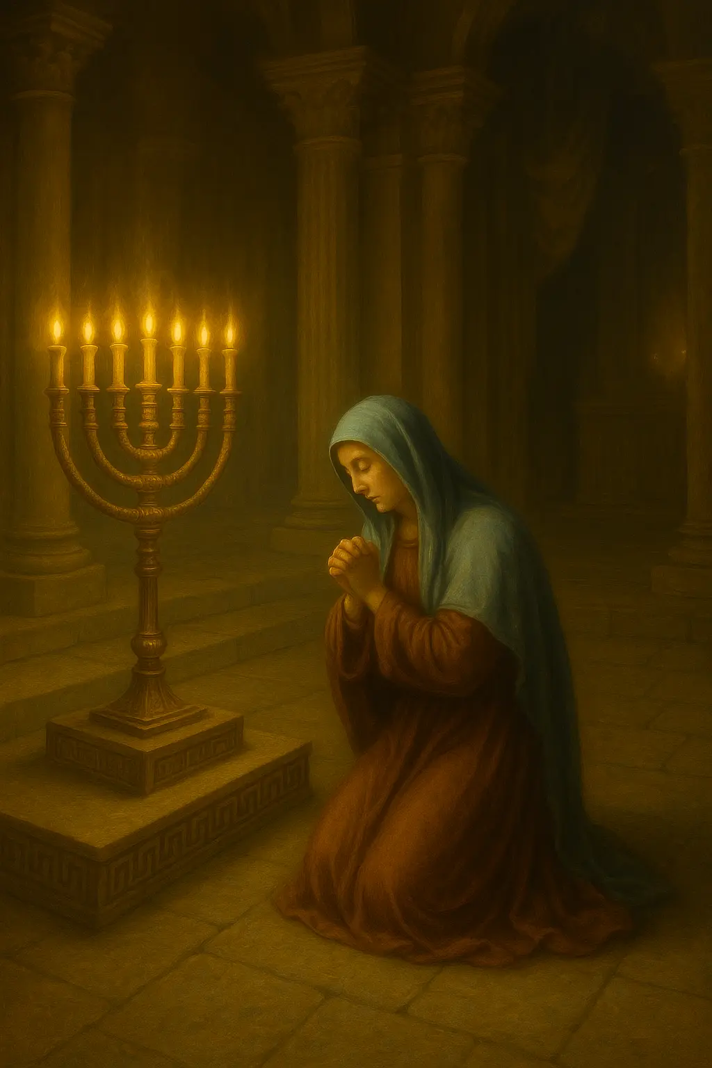 Света Анна майка на пророк Самуил се моли в древния храм и поверява детето си на Бога.