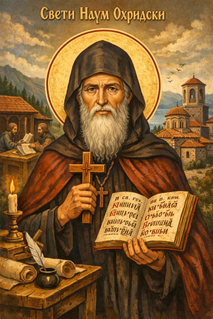 Свети Наум Охридски – един от Седмочислениците, духовен строител на Охридската книжовна школа и манастира край Охридското езеро.